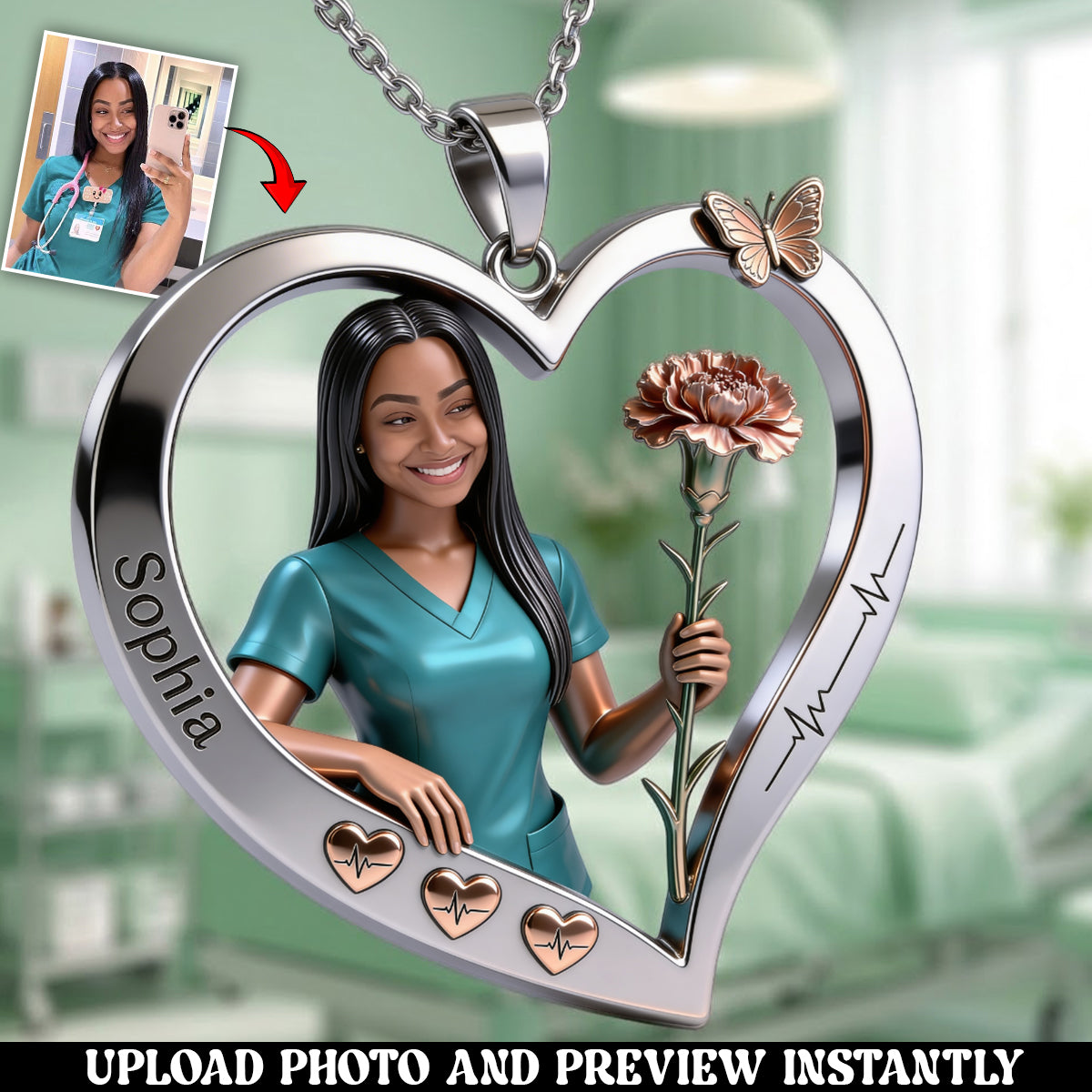 Floral Nurse Heart - Personalized Nurse Shaped Metal Pendant Necklace
