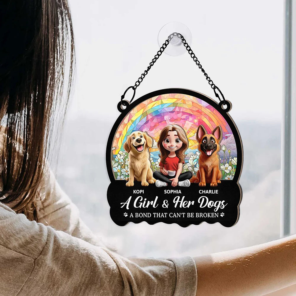 Personalized Wood and Acrylic Layered Ornament – ‘A Girl & Her Dogs’ Design, Vibrant Rainbow and Floral Background, Perfect Gift for Dog Lovers