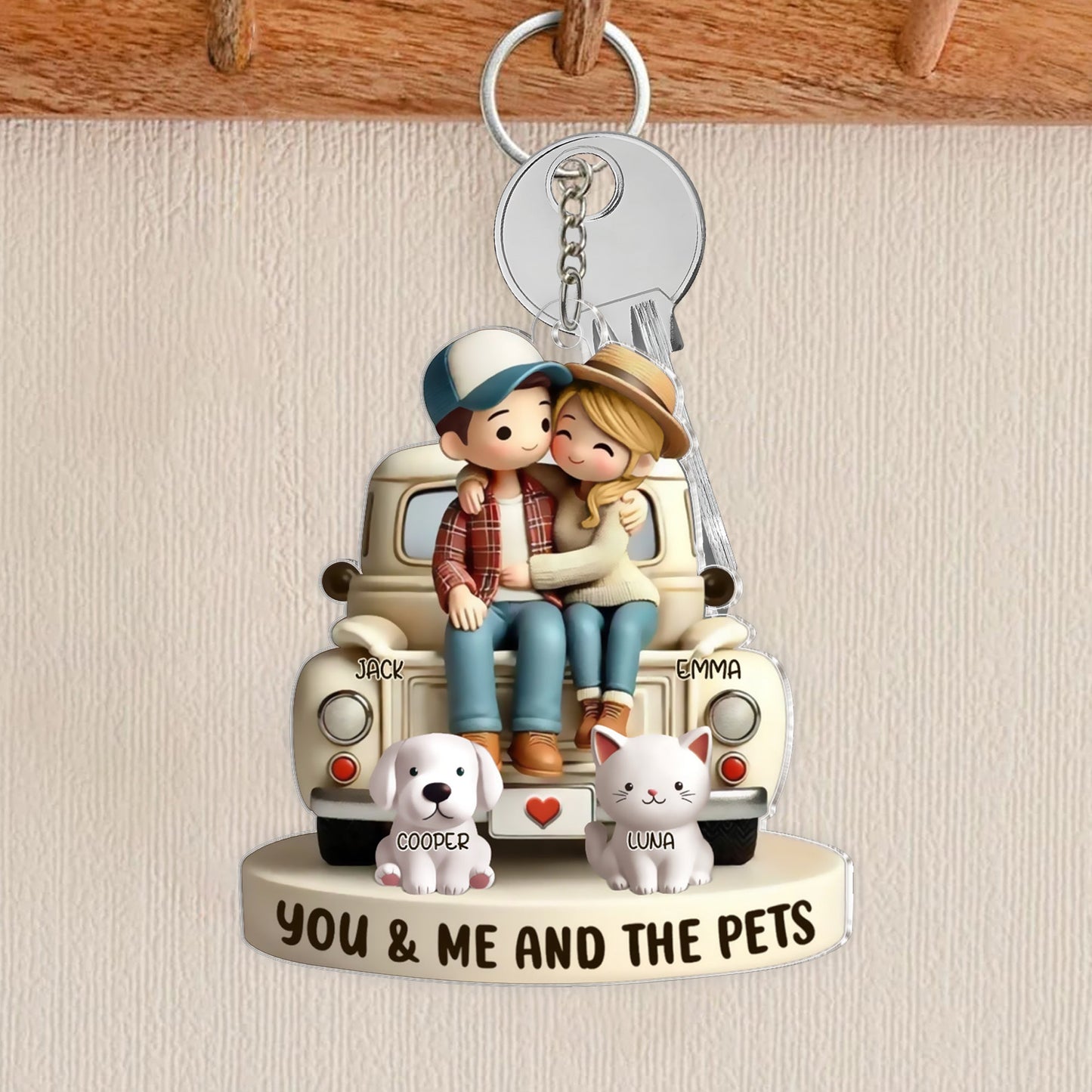 Couple and Pet Cartoon Acrylic Keychain – "You, Me, and the Pets" Personalized Gift
