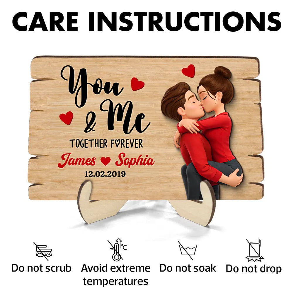 Personalized You & Me 2-Layer Wooden Plaque for Couple, Kissing Hug Design, Sweet Heart Gift for Him or Her