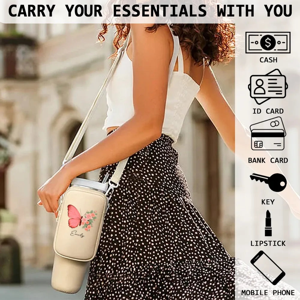 Personalized Water Bottle Carrier Bag with Butterfly & Floral Design – Custom Name, A Great Gift for Mom or Family
