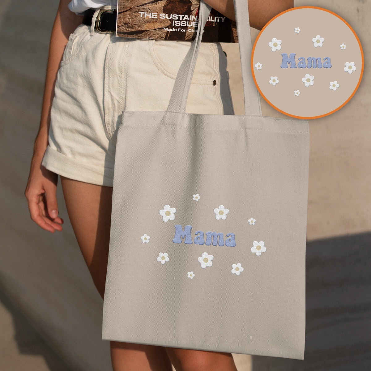 Custom Name With Flower - Personalized Step Mom Embroidered Tote Bag