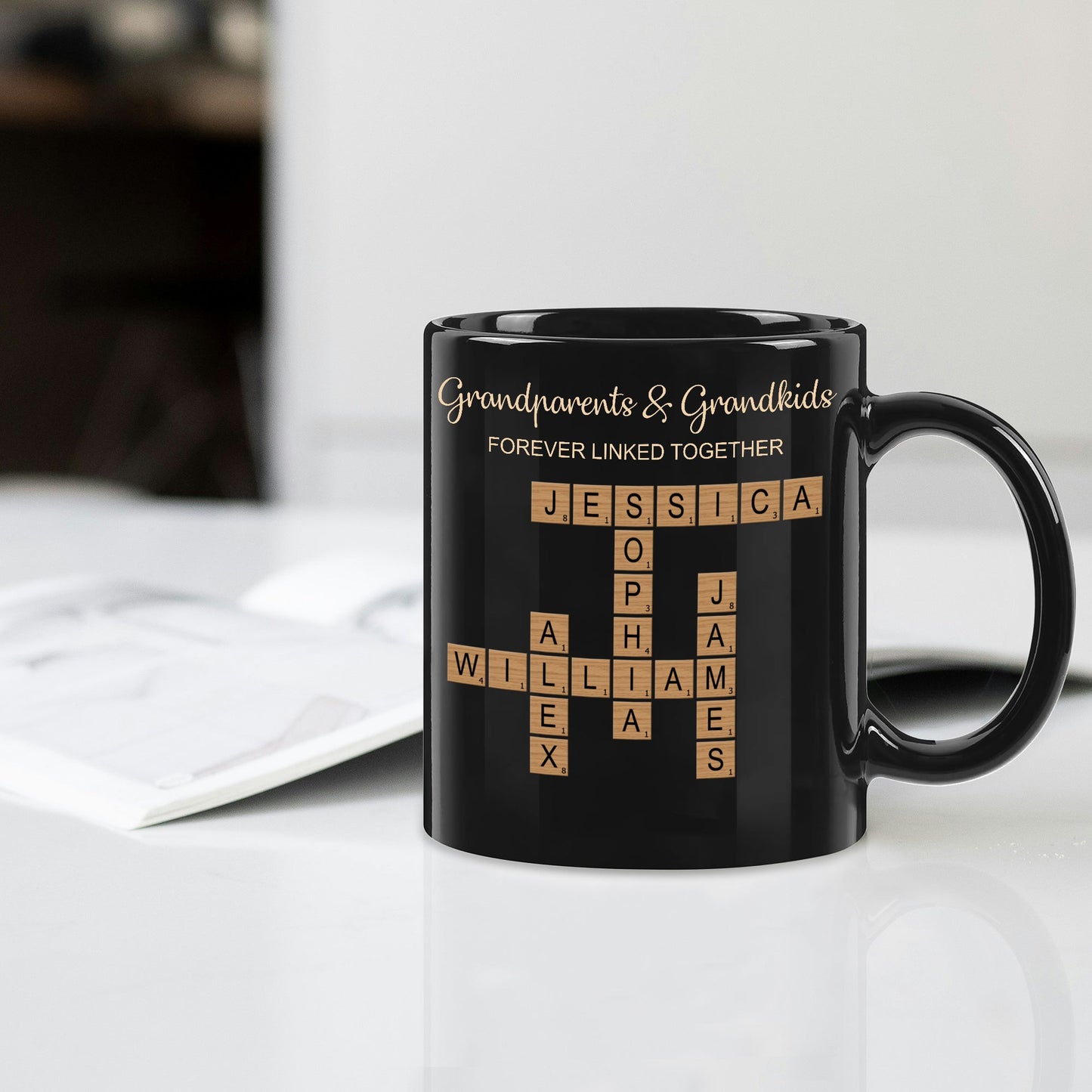 Grandparents & Grandkids Forever Linked Together Crossword Puzzle Personalized Mug, Heartfelt Holiday Gift to Show Your Love, Perfect for Christmas Morning