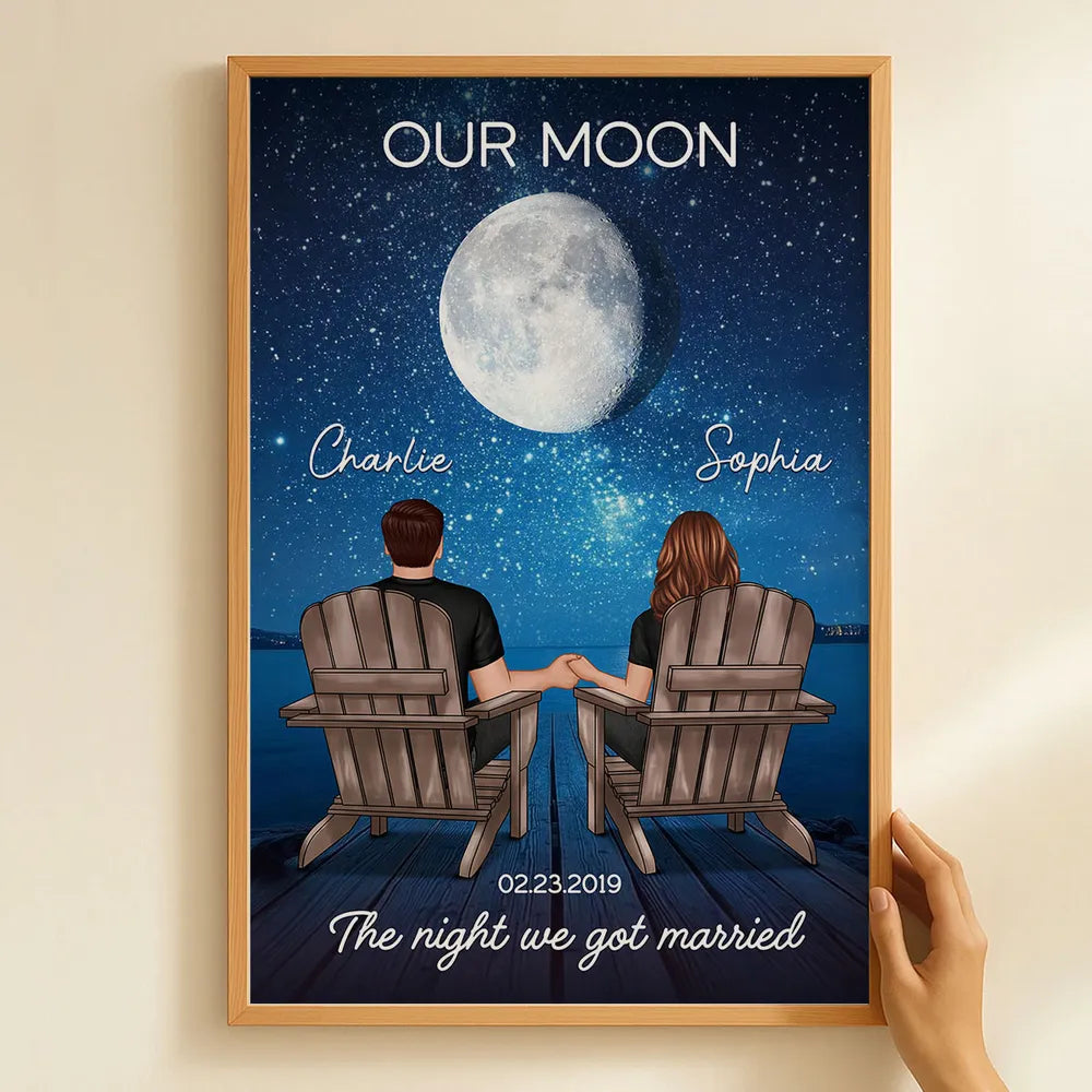 Personalized Moon Poster, Couple Holding Hands by the Ocean at Night, Unique Romantic Gift for Her or Him