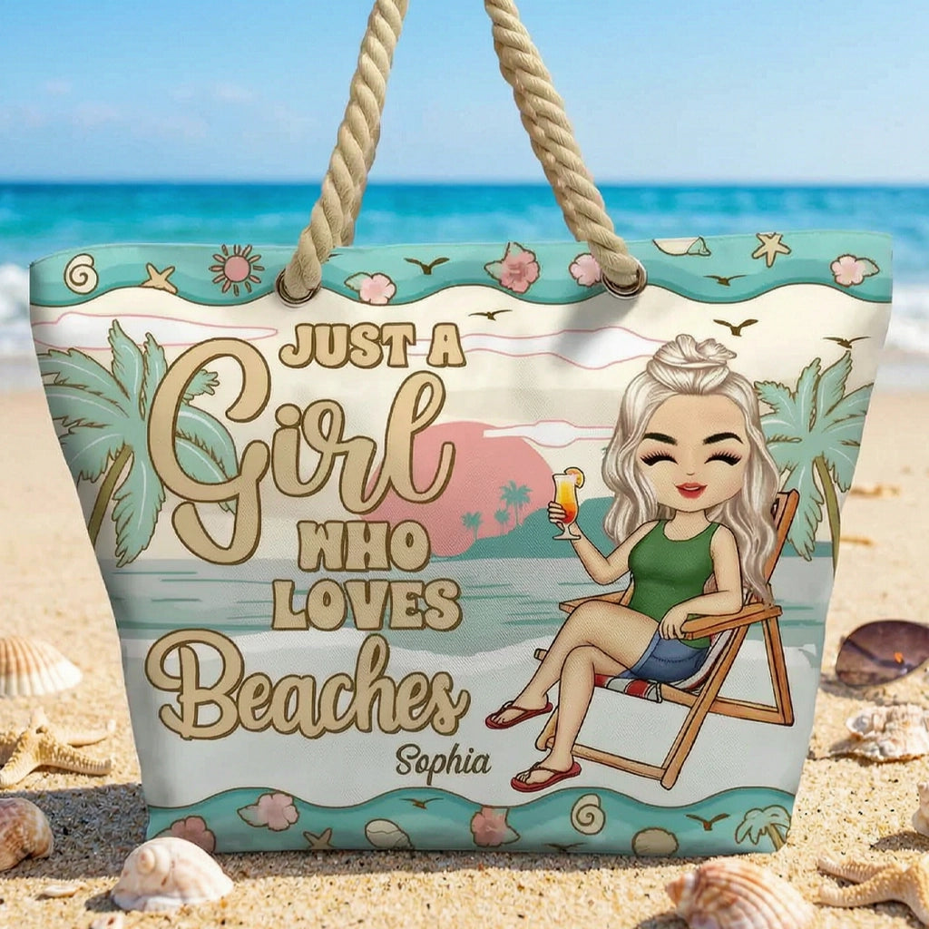 Personalized Rope Handle Canvas Bag, Just A Girl Who Loves Beaches, Cute Beach Chair Design, Unique Gift for Beach Lovers