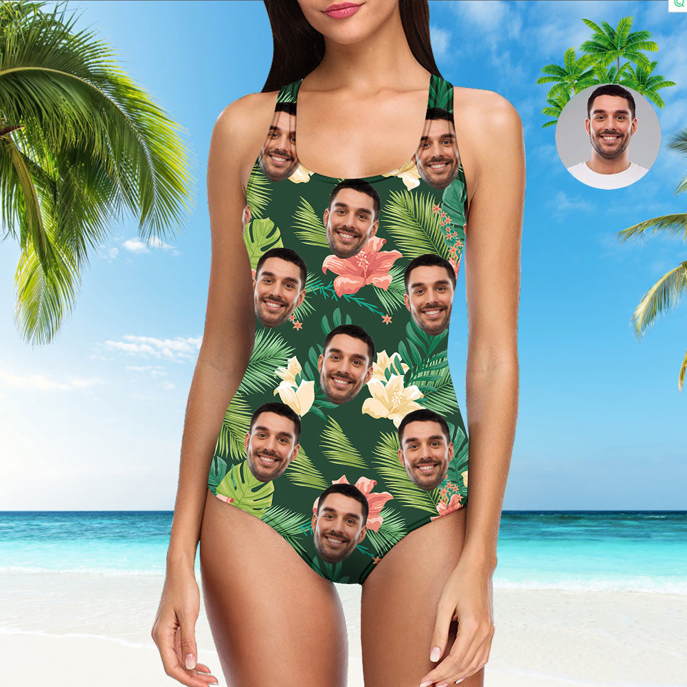 Custom Face Swimsuit Tropical Style - Personalized Couple One Piece Swimwear