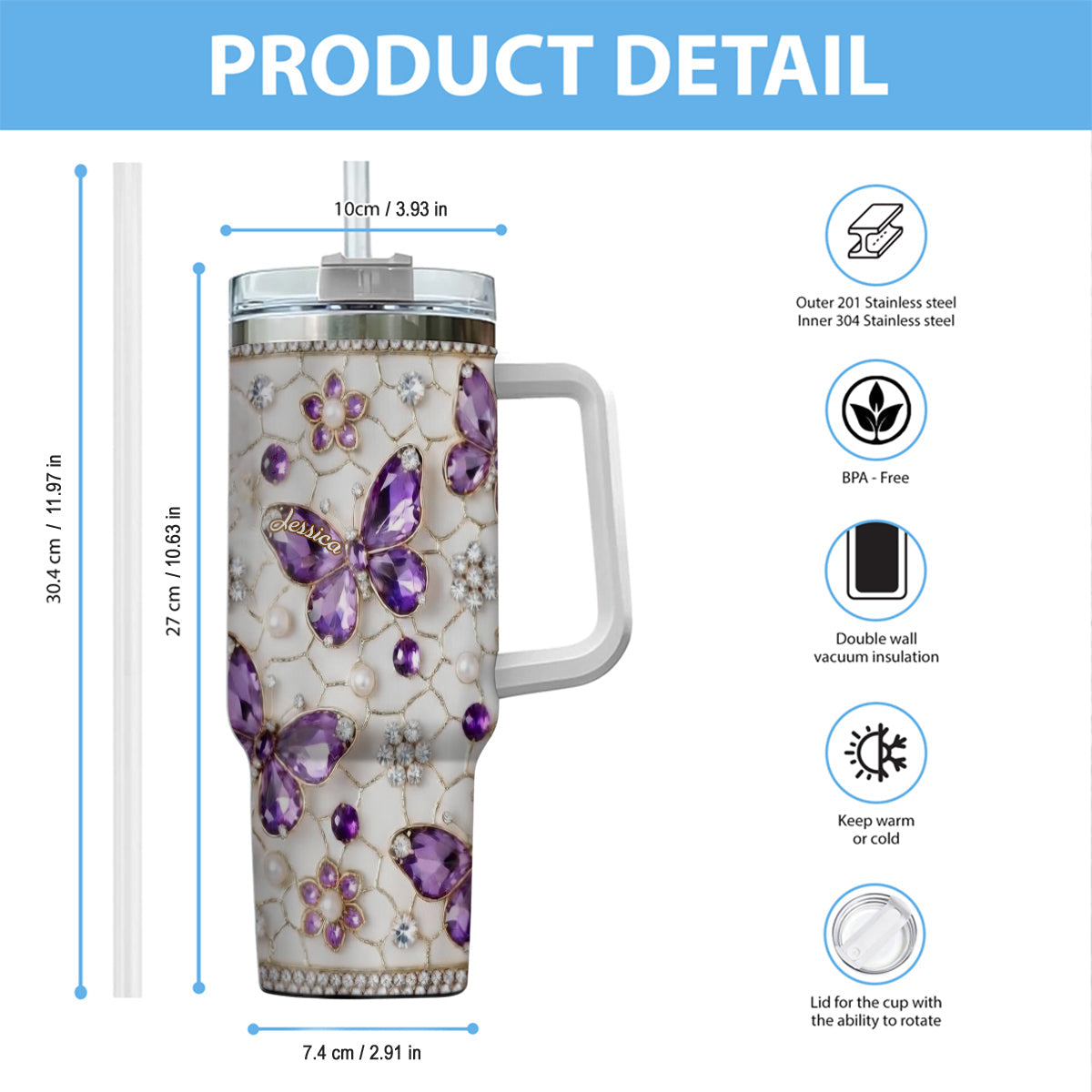 Love Butterflies - Personalized Butterfly Tumbler With Handle
