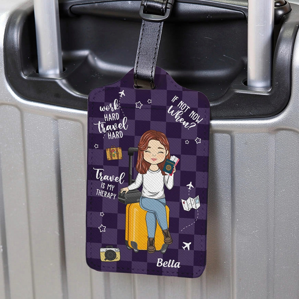Personalized Leather Luggage Tag, Travel Is My Therapy Cute Cartoon Traveler Design, Unique Gift For Travel Lovers