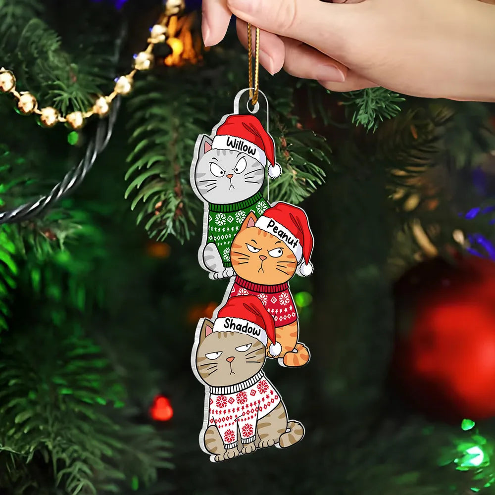 Personalized Acrylic Ornament with Stacked Christmas Cats, Cute Festive Decor & Unique Gift for Cat Lovers