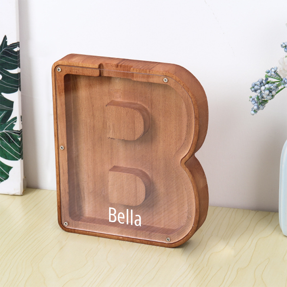 Custom Initial And Name - Personalized Letter And Name Brown Wooden Piggy Bank