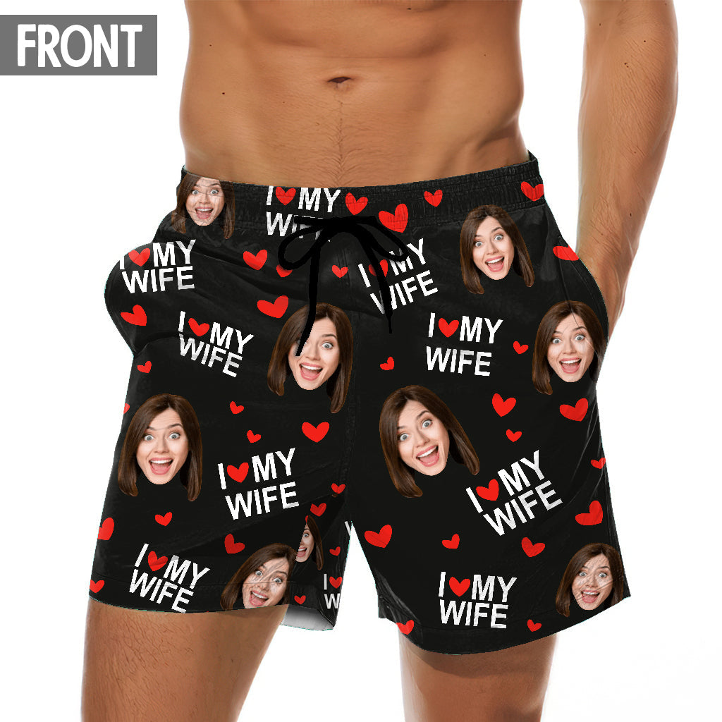 I Love My Husband - Personalized Couple Triangle Bikini Swimsuit And Men Shorts