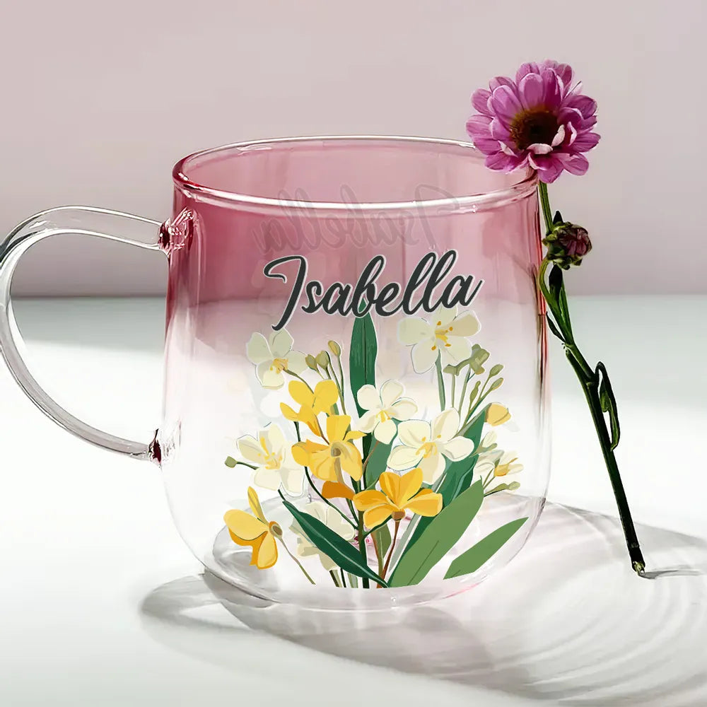 Pink Ombre Gradient Glass Mug With Colorful Flowers And Custom Name, Everyday Coffee And Tea Cup, Thoughtful Gift
