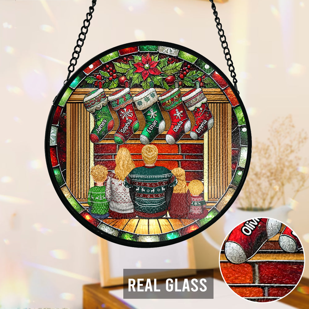Happy Family Sitting By The Fireplace - Personalized Family Stained Glass Suncatcher