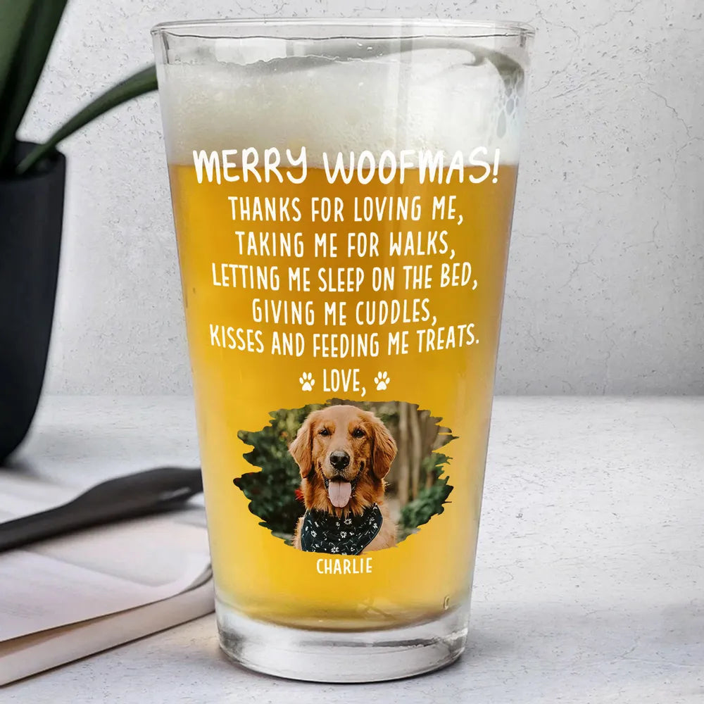 Beer Glass for Dog Lovers - Sleeping Puppy Santa Design, Christmas Message, a unique personalized gift for the home bar