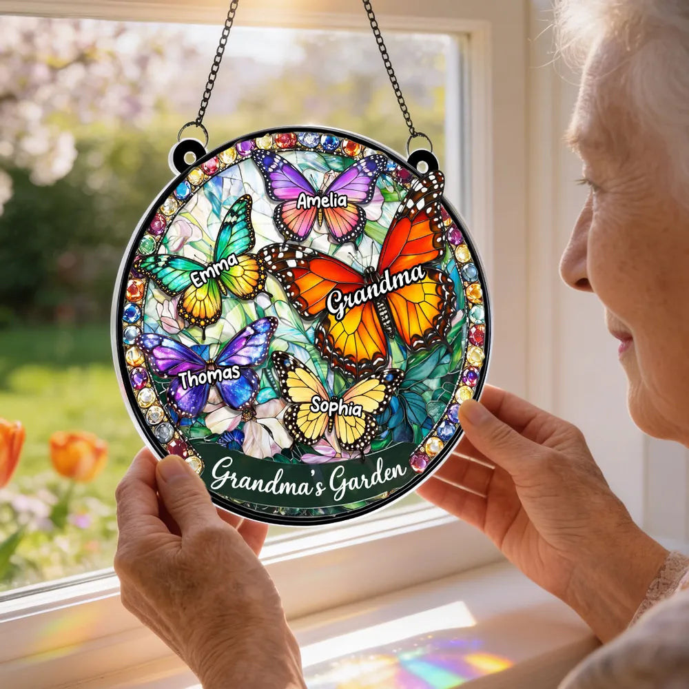 Personalized Butterfly Acrylic Suncatcher Ornament for Grandma's Window, Stained Glass Style Sunlight Reflection, Unique Gift