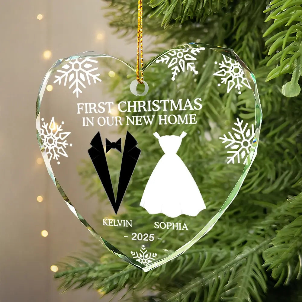 “First Christmas as Mr & Mrs” Crystal Heart Ornament, Personalized Newlywed Keepsake Gift