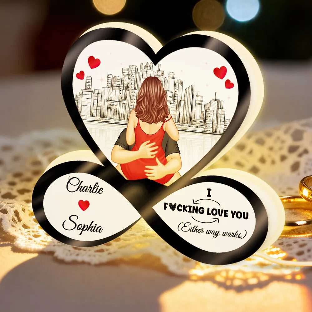 Funny Romantic Couple Acrylic Light Box, Personalized Infinity Heart Skyline Design - Warm Glow Keepsake Gift for Couples