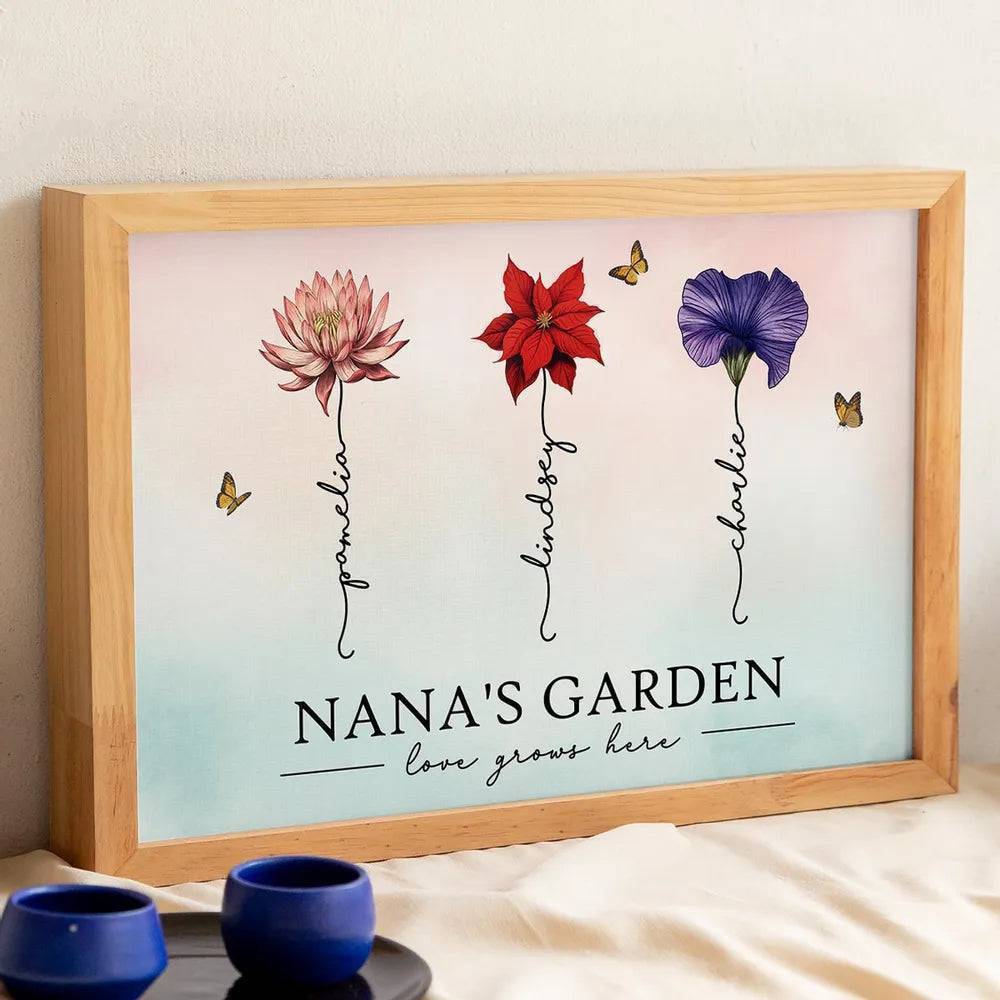 Grandma's Garden Love Grows Here Beautiful Birth Month Flower Gift For Grandma Mom Personalized Doormat or Poster or Canvas, Keychain, Plaque, Wallet Card