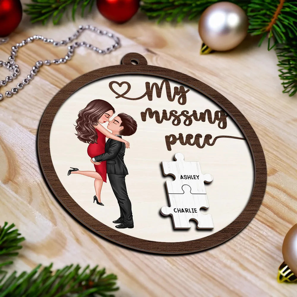 My Missing Piece Couple Hugging Kissing Personalized 2-Layer Wooden Ornament or Plaque or Keychain or Cup