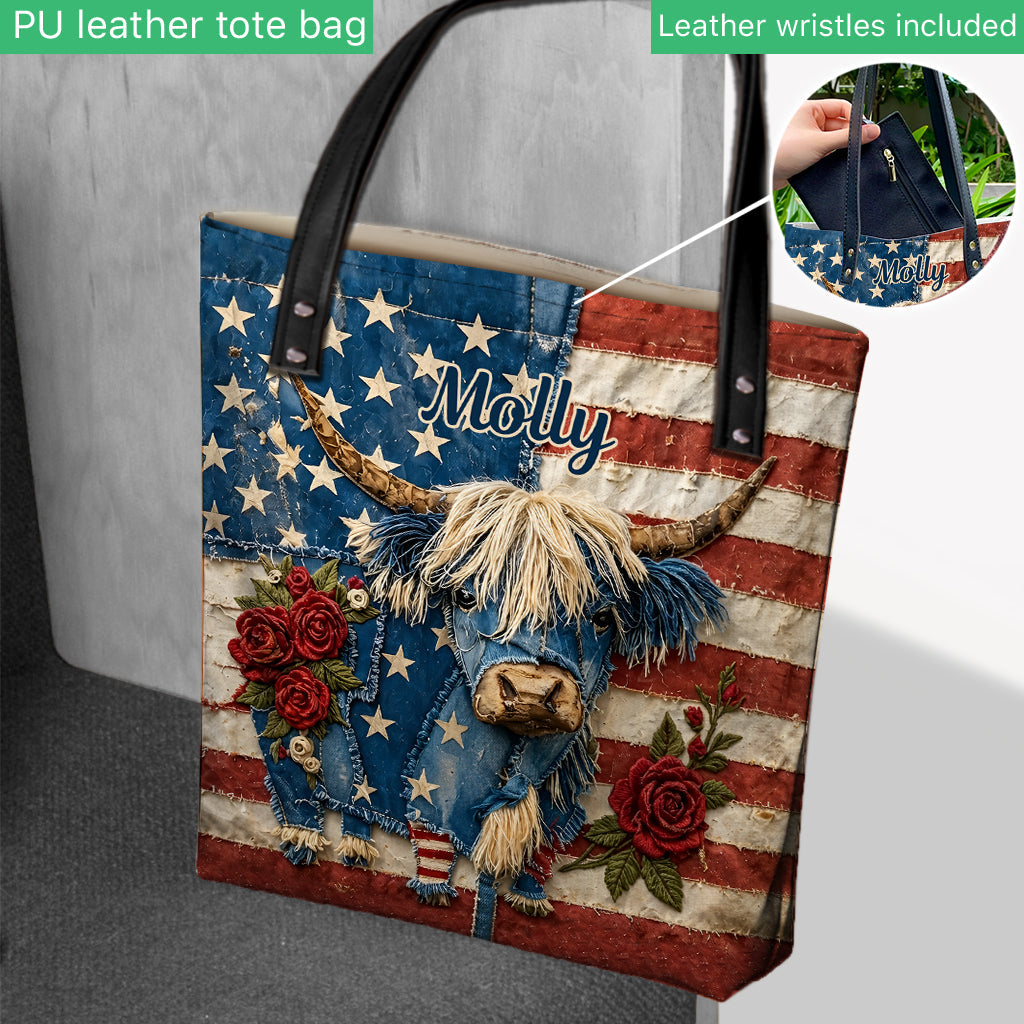 Highland Cow With Flag Pattern - Personalized Highland Cow Tote Bag