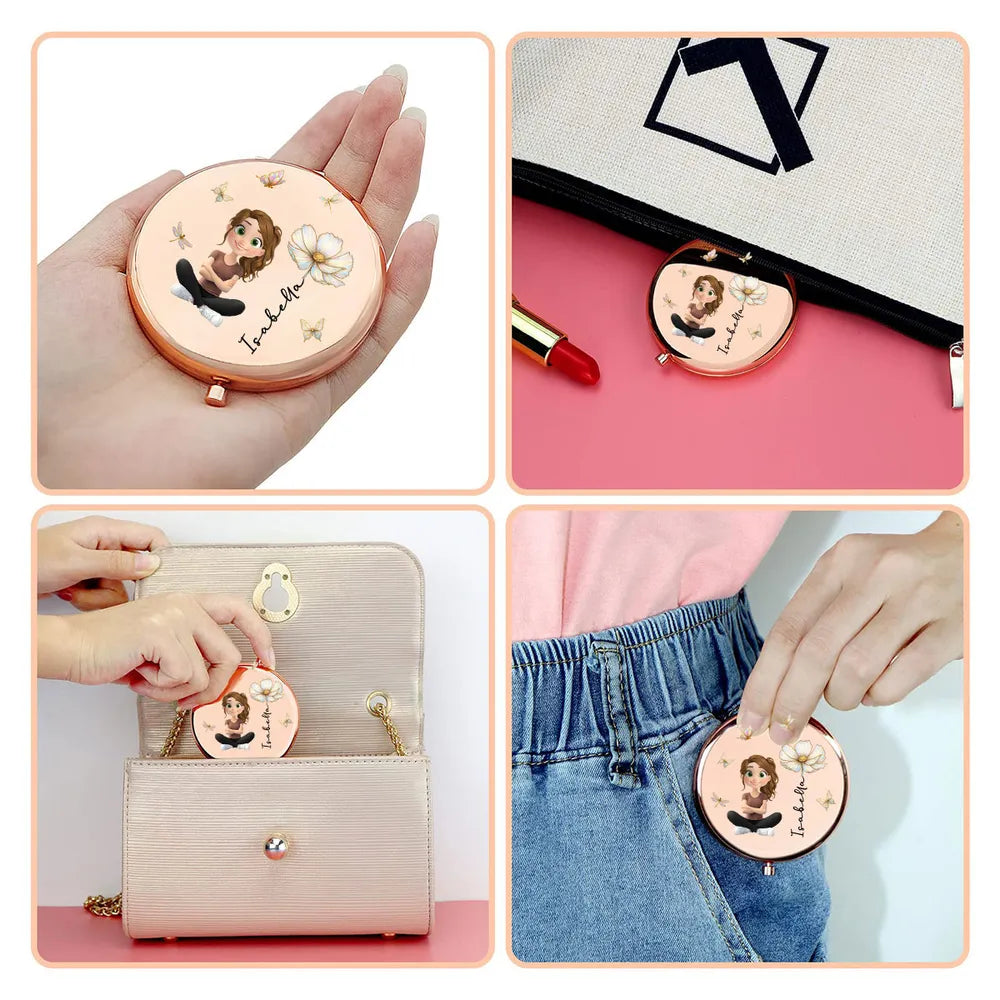 Personalized Metal Compact Mirror With Cute Cartoon Girl & Butterfly Florals - Unique Gift For Her, Purse-Ready Smile Booster