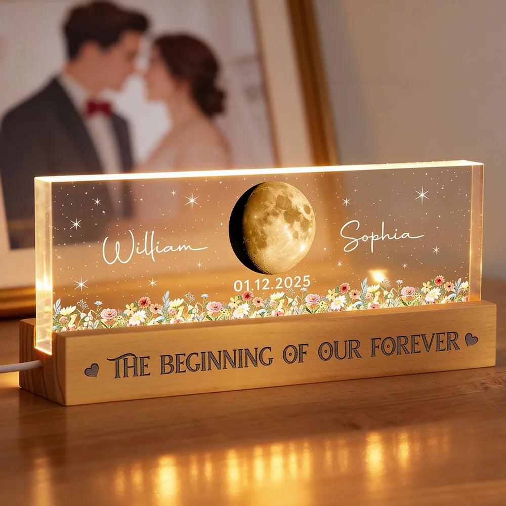Personalized Moon Phase Block LED Light Plaque With Floral Stars, Romantic Bedside Decor, Unique Couple Gift
