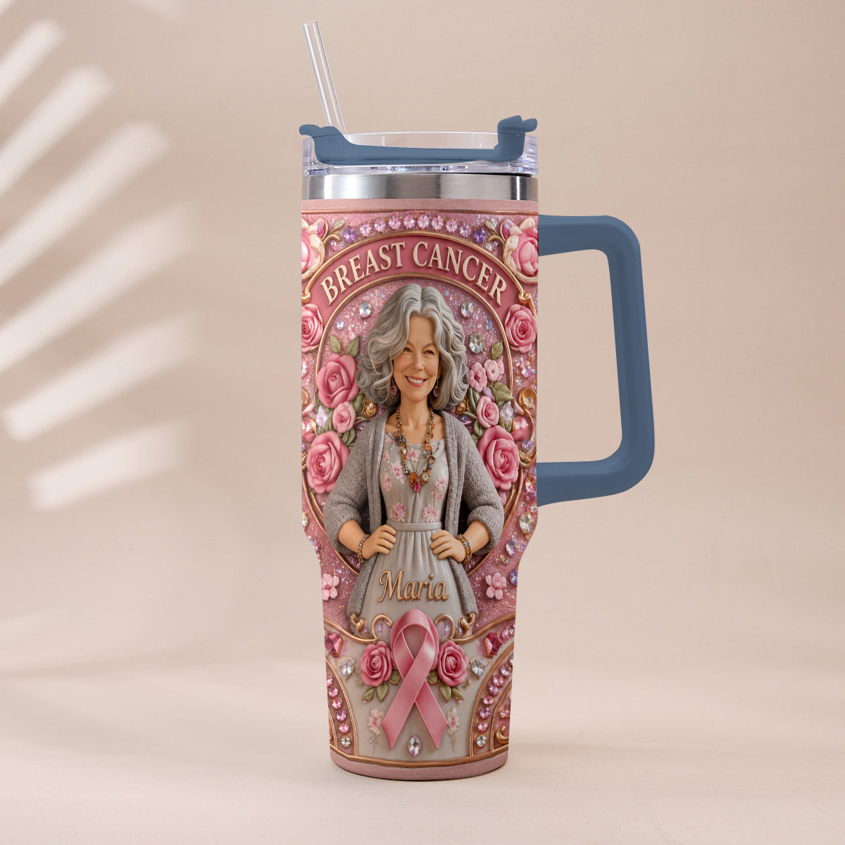 Hope Strength Love - Personalized Breast Cancer Awareness Tumbler With Plush Charm