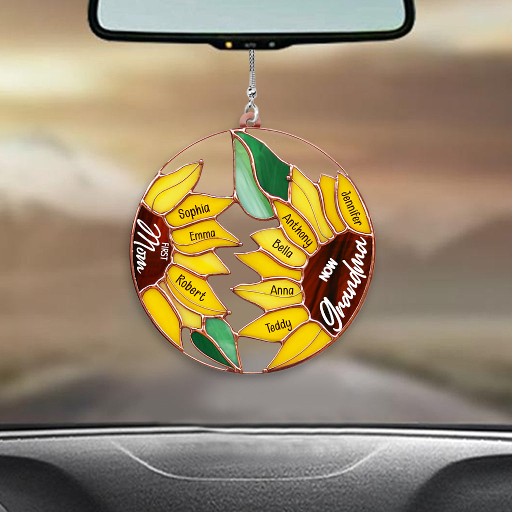 First Mom Now Grandma Sunflower - Personalized Grandma Transparent Car Ornament