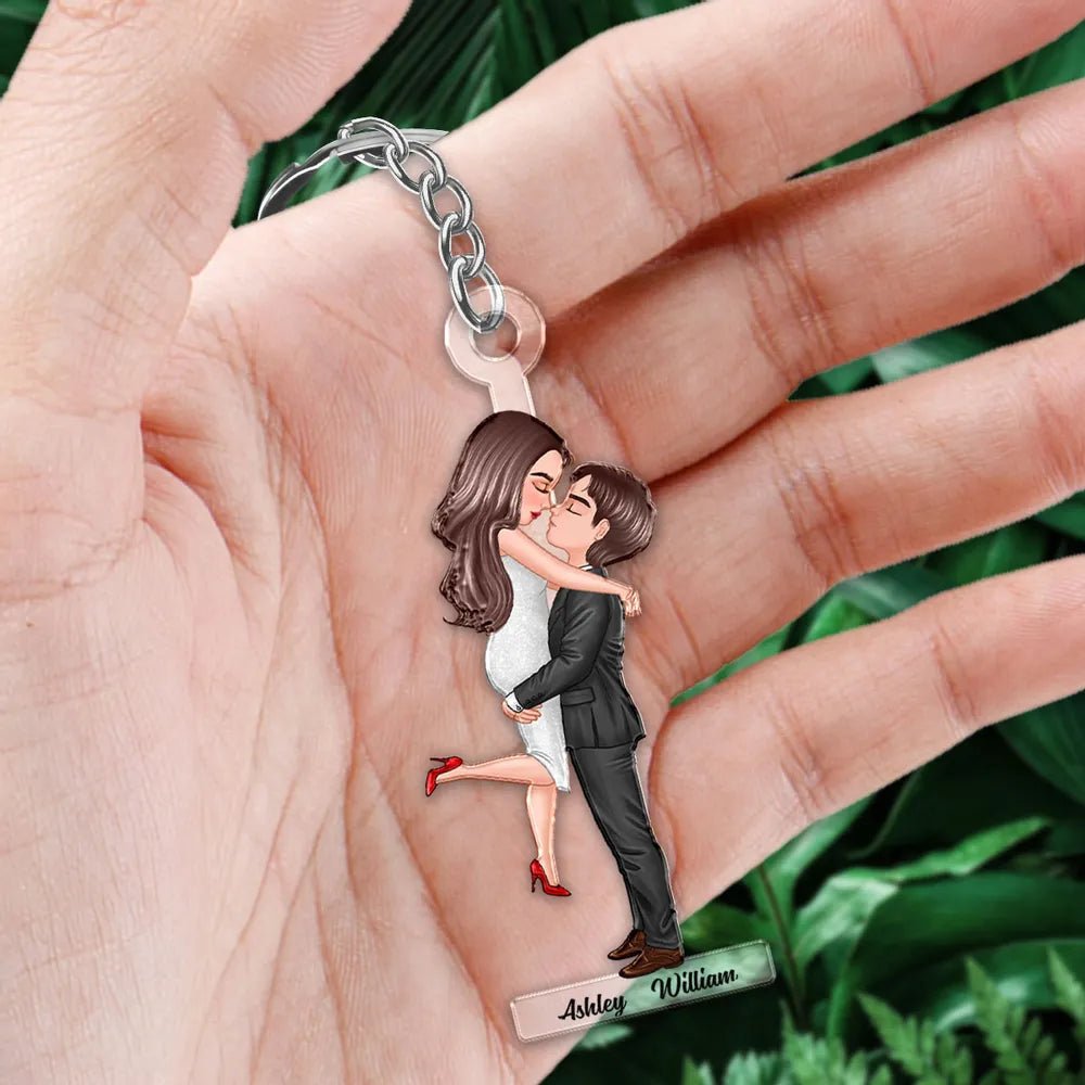 Personalized Acrylic Keychain for Couples, Silver Chain & Ring, Embrace Pose, Everyday Keepsake