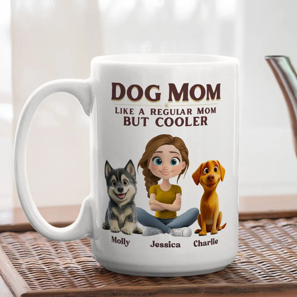 Personalized Dog Mom White Ceramic Mug with Cute Cartoon Portrait, Fun Everyday Coffee Cup, Unique Gift for Cool Pet Moms