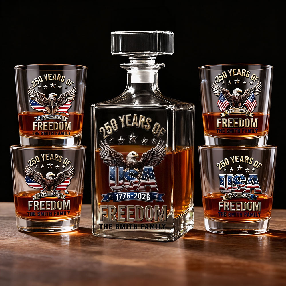 America 250th Anniversary Gifts For Family - Personalized Independence Day/ 4th of July Whiskey Decanter Set