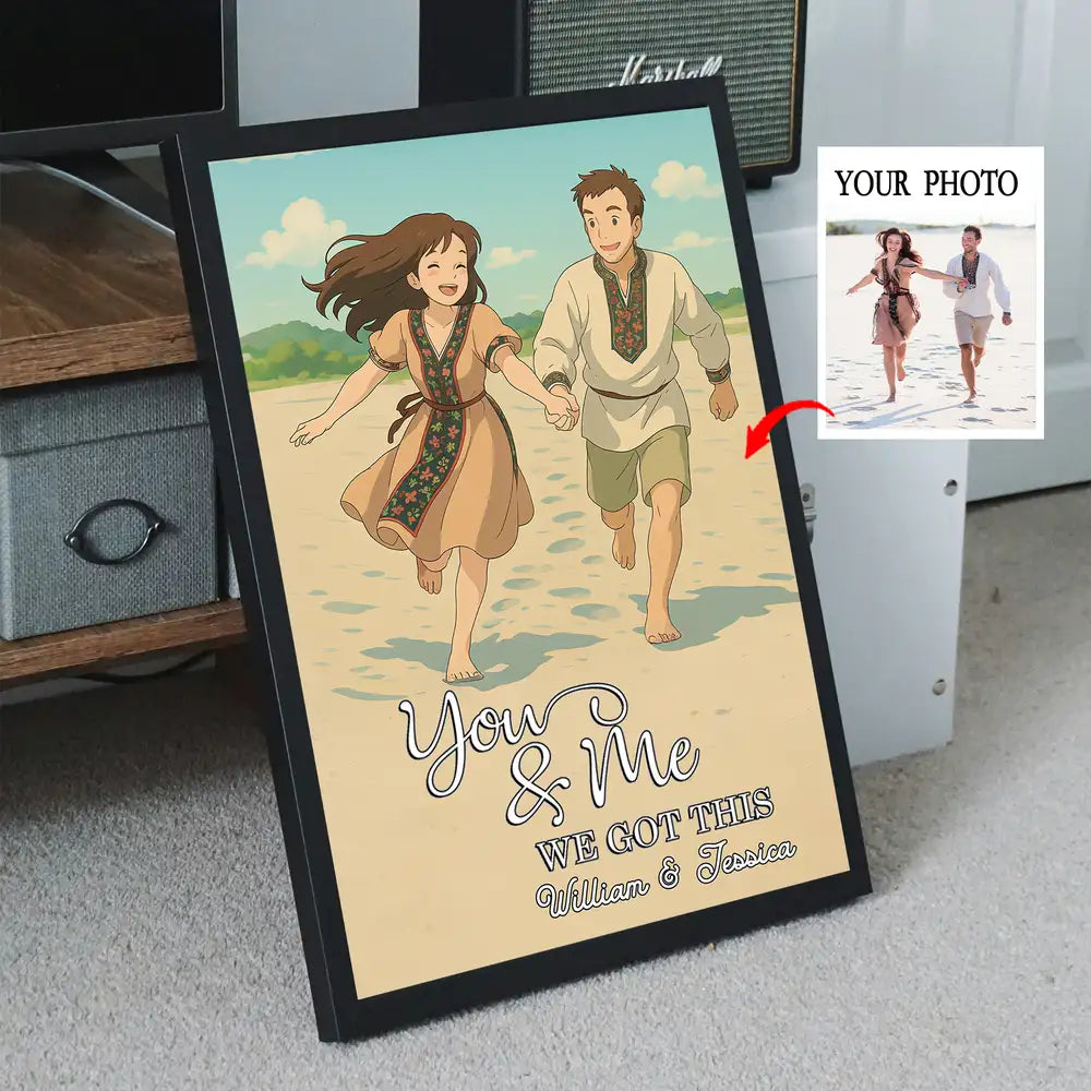 Custom Photo-to-Cartoon Poster – “You & Me, We Got This” Beach Illustration, Upload Photo & Names