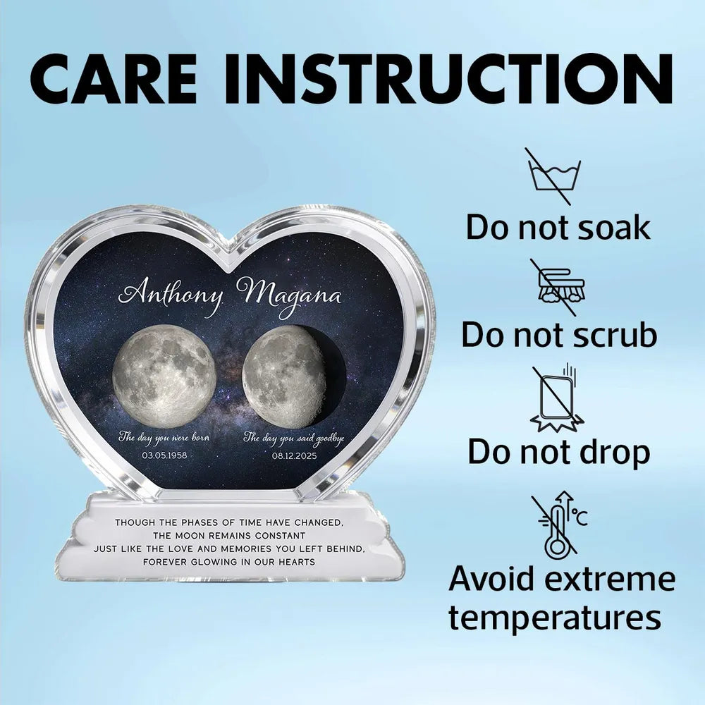 Personalized Heart Shaped Acrylic Block Plaque Moon Phase Memorial Keepsake for Loved One Remembrance - Unique Sympathy Gift