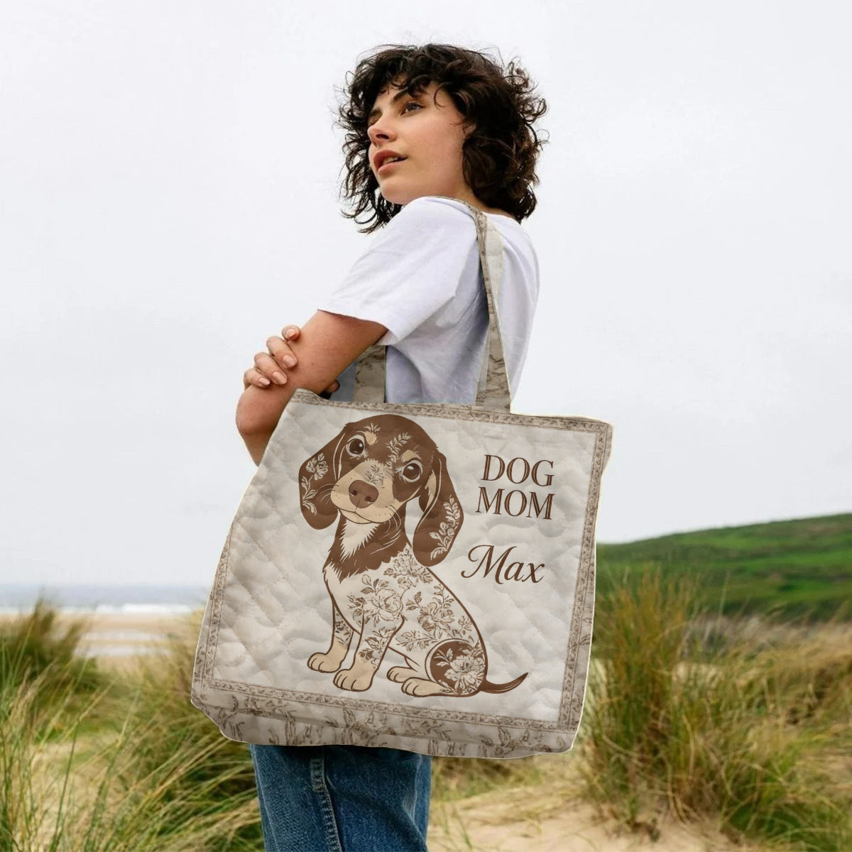 I Love My Dog - Toile De Jouy Style - Personalized Dog Quilted Tote Bag