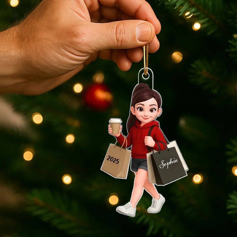 Ornament - Personalized Cute Shopper with Coffee, Cartoon, Easy to Hang, Unique Gift for Best Friend or Daughter