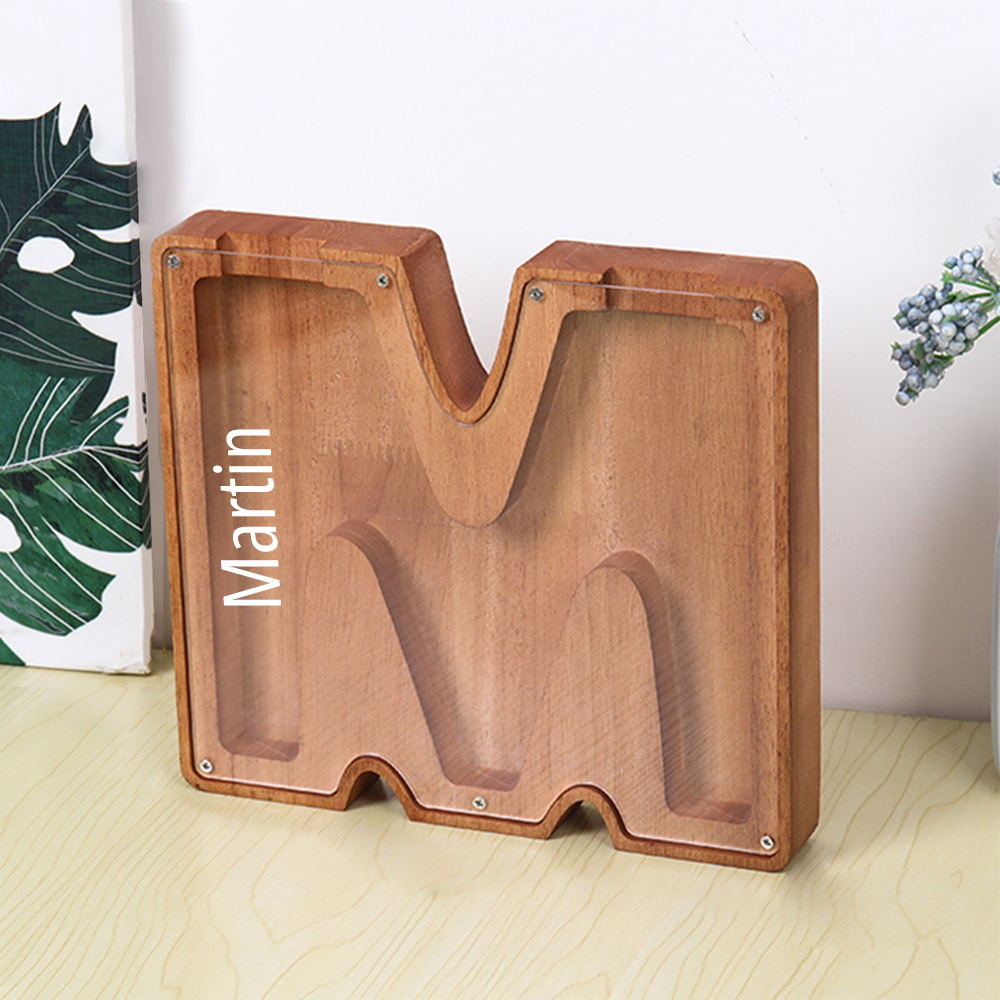 Custom Initial And Name - Personalized Letter And Name Brown Wooden Piggy Bank