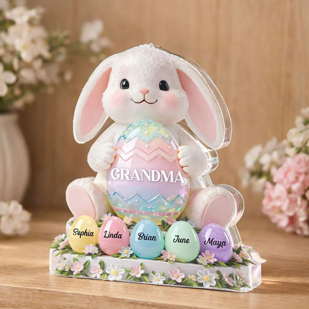 Personalized Shaped Acrylic Block Plaque Cute Bunny Holding Easter Egg for Grandma Spring Shelf Decor Unique Gift