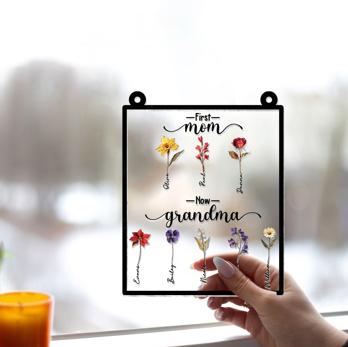 First Mother Now Grandma, Birth Flower Personalize - Personalized Grandma Window Hanging Suncatcher Ornament