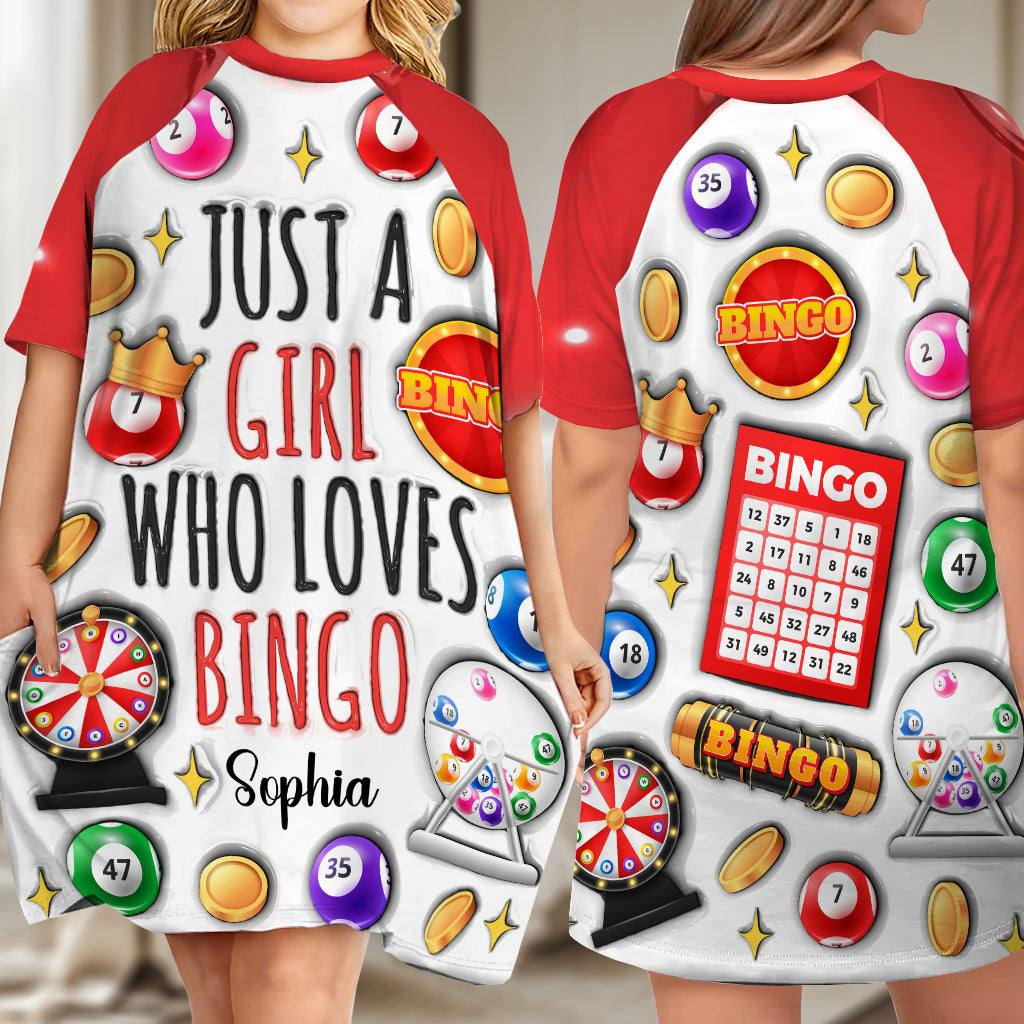 Just A Girl Who Love Bingos - Personalized Bingo Player Sleep T-shirt Dress