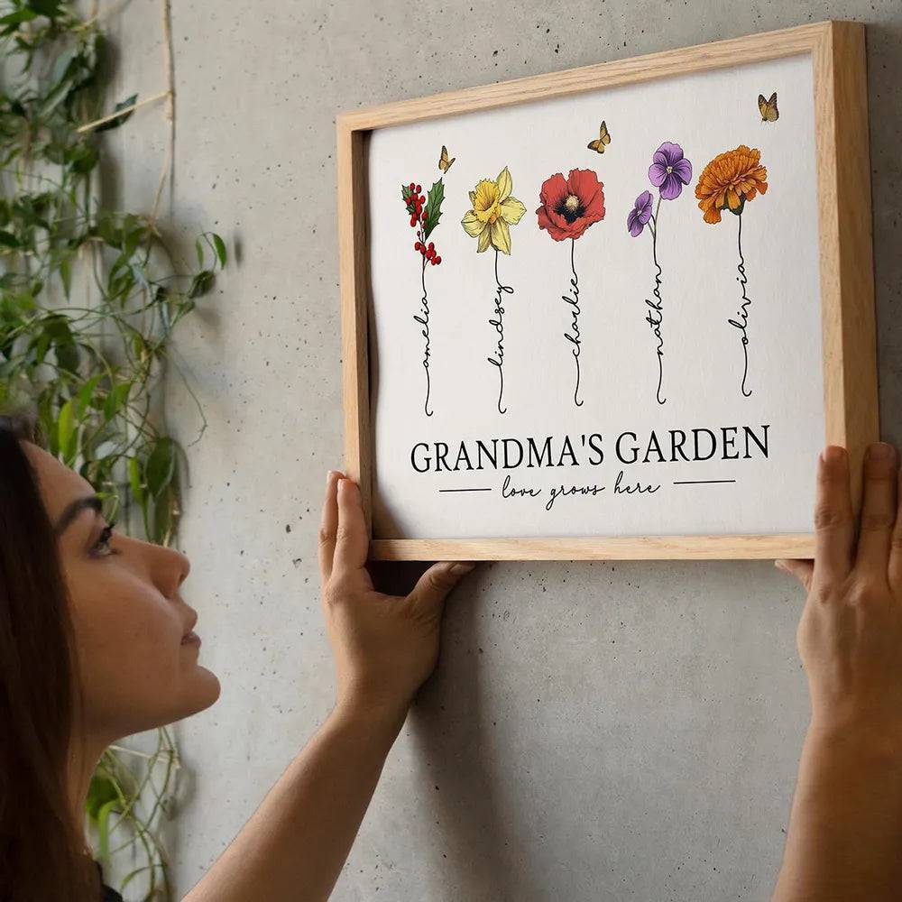 Grandma's Garden Love Grows Here Beautiful Birth Month Flower Gift For Grandma Mom Personalized Doormat or Poster or Canvas, Keychain, Plaque, Wallet Card