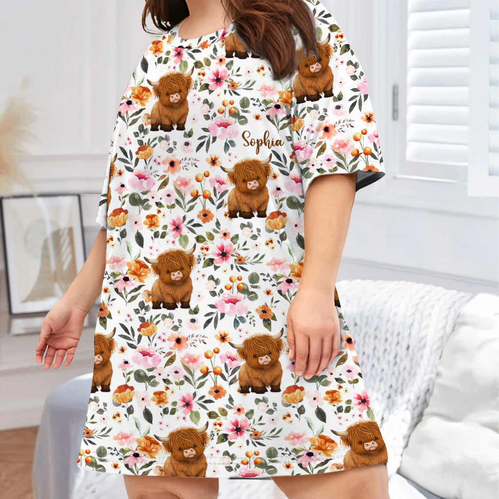 Floral Highland Cow - Personalized Highland Cow Sleep T-shirt Dress