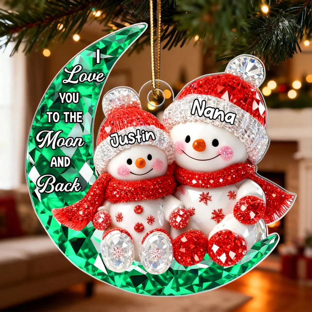 Personalized Acrylic Ornament for Grandma & Grandkid on Moon – Sparkling Snowman Design, I Love You to the Moon and Back, Unique Christmas Gift