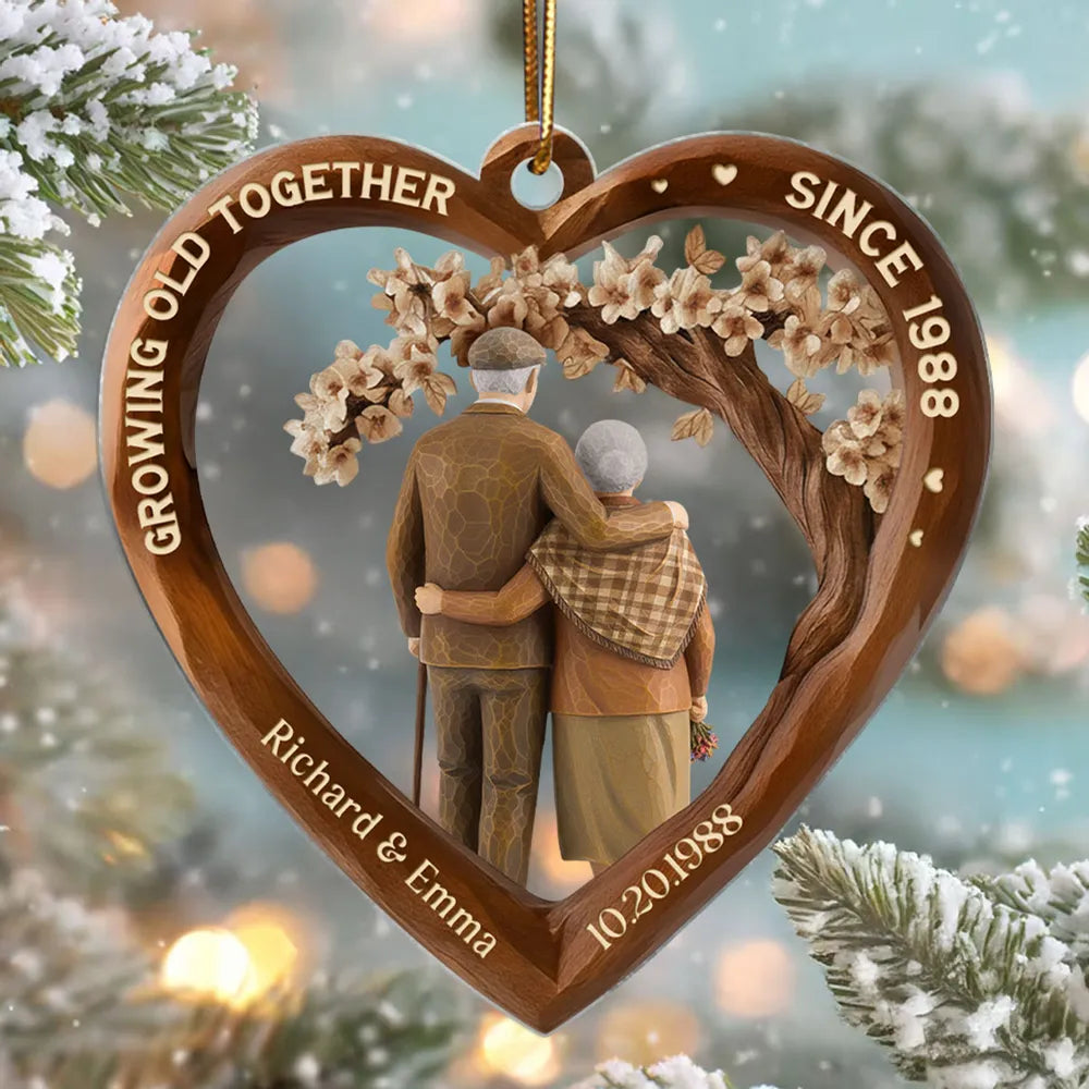 Personalized Heart Acrylic Ornament with Couple Hugging Under Blossoms, Unique Anniversary Gift for Husband or Wife