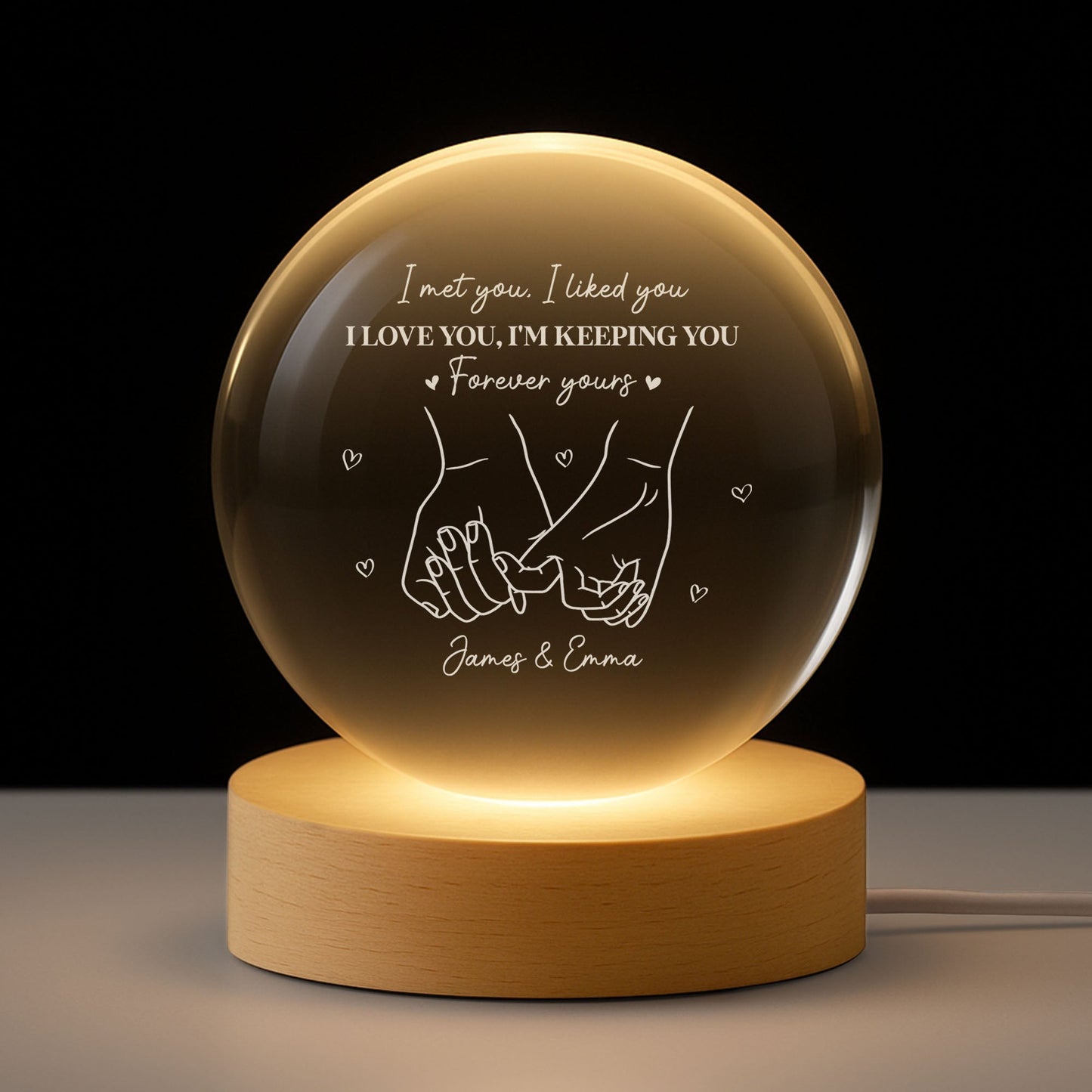 Personalized 3-Color K5 Globe Lamp with Holding Hands Line Art Romantic Night Light Unique Gift for Couples