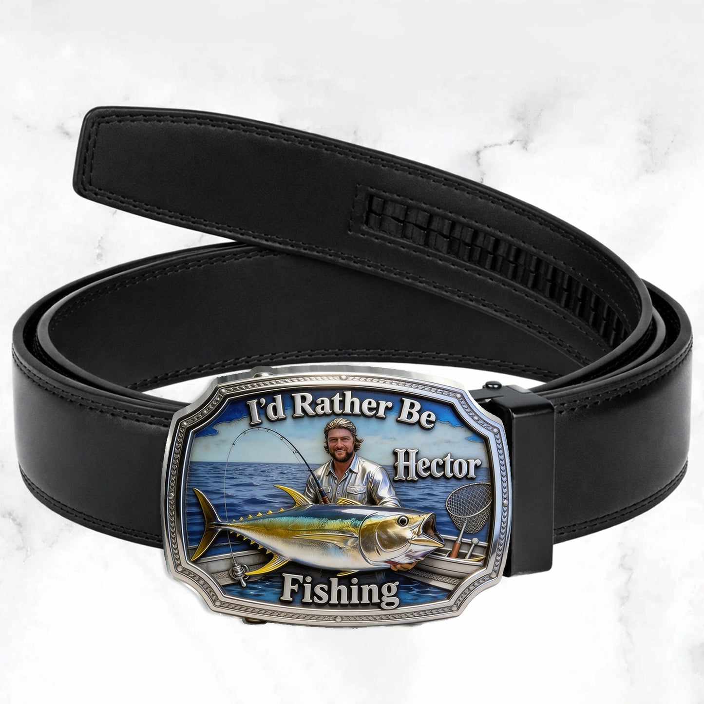 I'd Rather Be Fishing - Personalized Fishing Leather Belt With Shaped Buckle