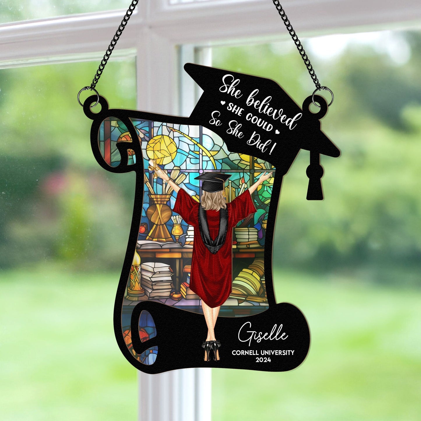Wood and Acrylic Layered Ornament with 'She Believed She Could So She Did' Graduation Quote, Personalized Window Decor, Thoughtful Gift