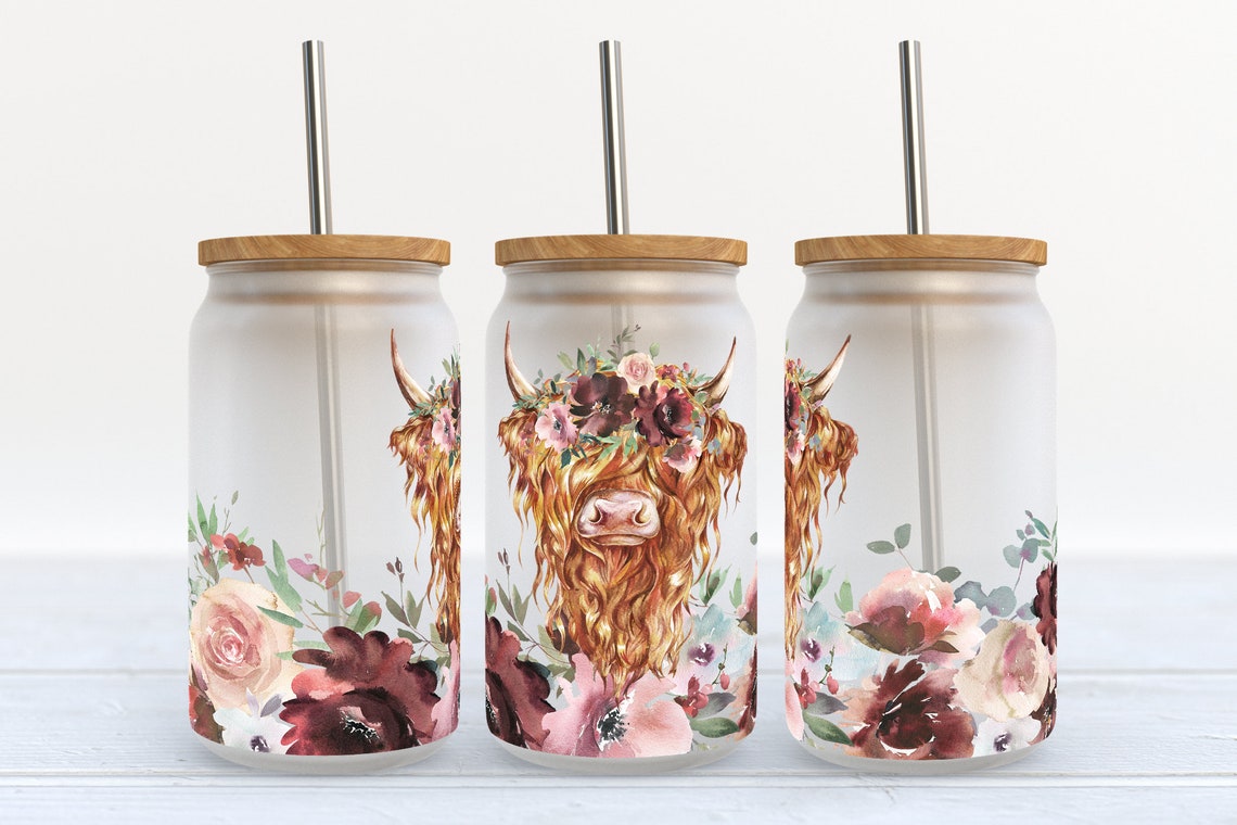 Floral Highland Cow Highland Cow Can Glass 0624
