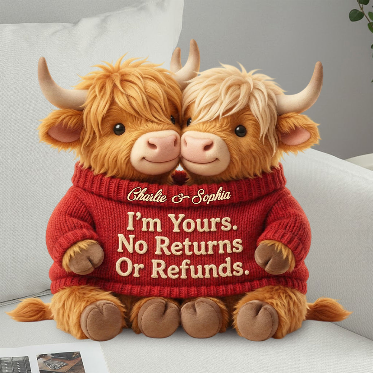I'm Yours. No Returns Or Refunds - Personalized Highland Cow Faux Fur Shaped Pillow