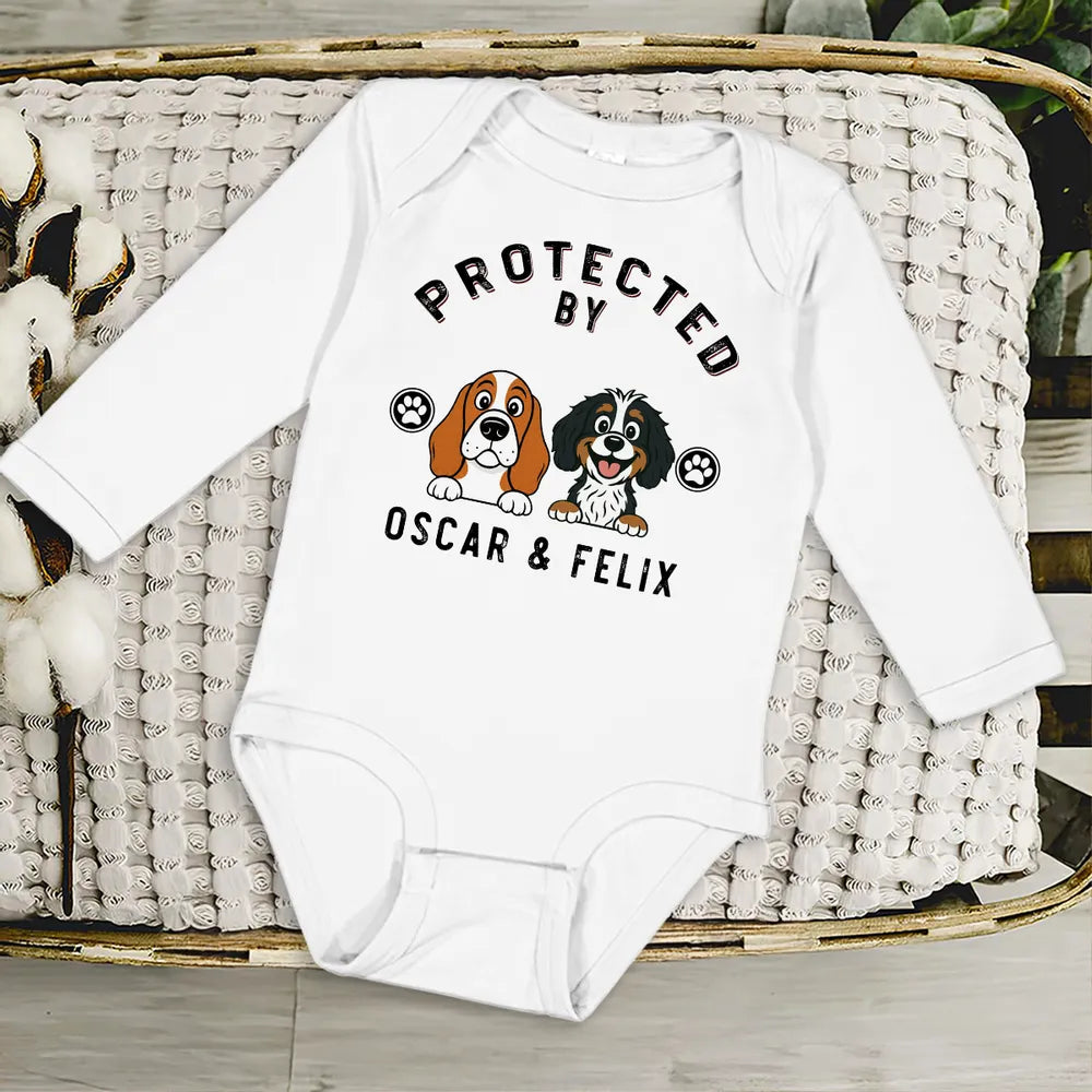 Personalized Protected By Dog Long Sleeve Baby Onesie Cute Cartoon Pup & Paw Prints Unique Baby Gift