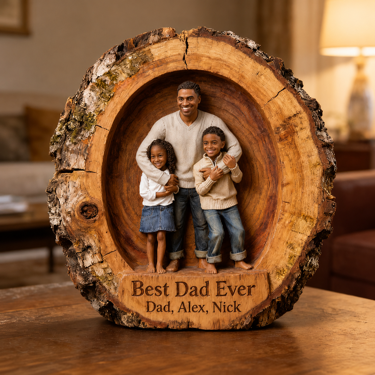 Custom Best Dad Ever Wood Log Figurine, Personalized Black Father and Son Carved Statue, Rustic Tabletop Decor Gift for Father's Day